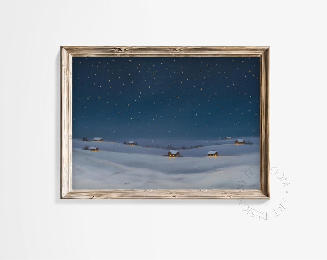 Christmas Winter Landscape Snowy Village Starry Night Poster