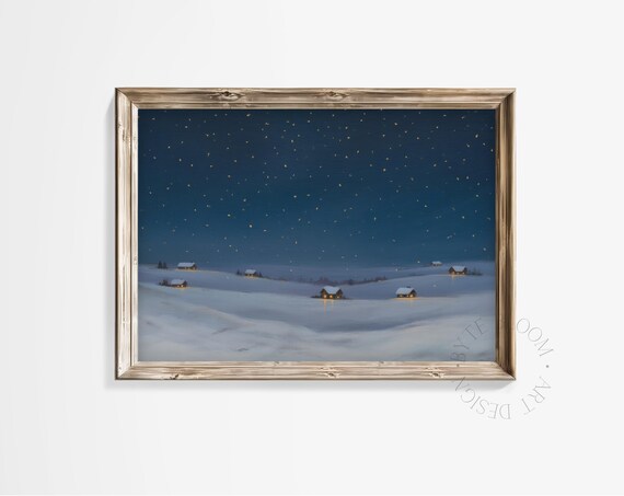 Christmas Winter Landscape Snowy Village Starry Night Poster