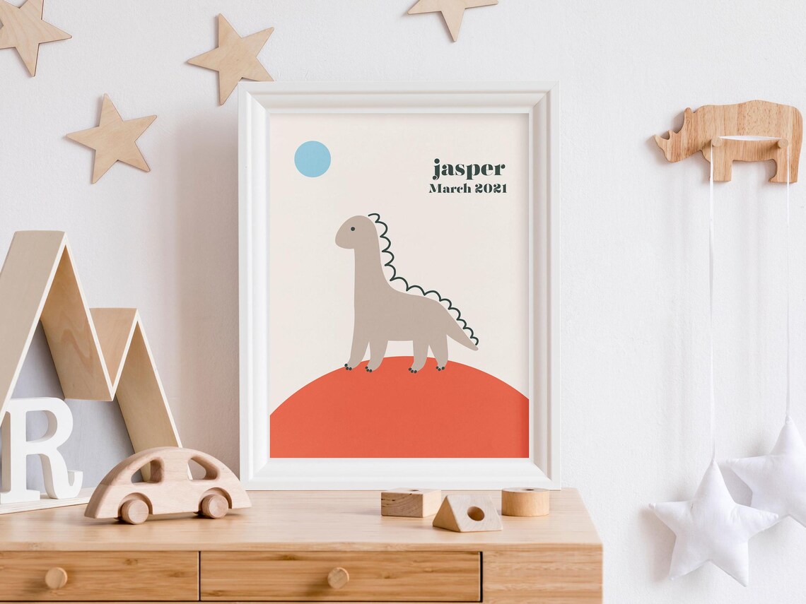 Custom Kids Baby Name Art, Retro Dinosaur Poster - Image 3