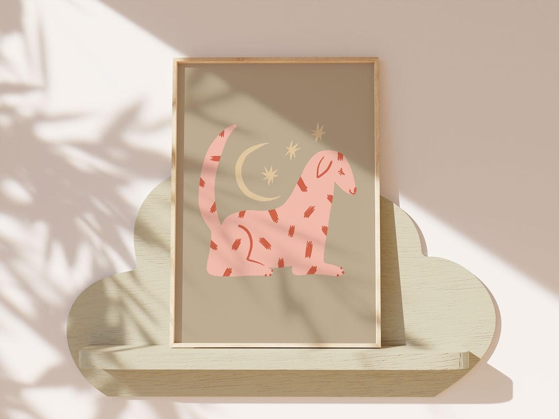 Boho Pink Spotted Dog Moon Stars Sage Nursery Bedroom Wall Art - Image 2