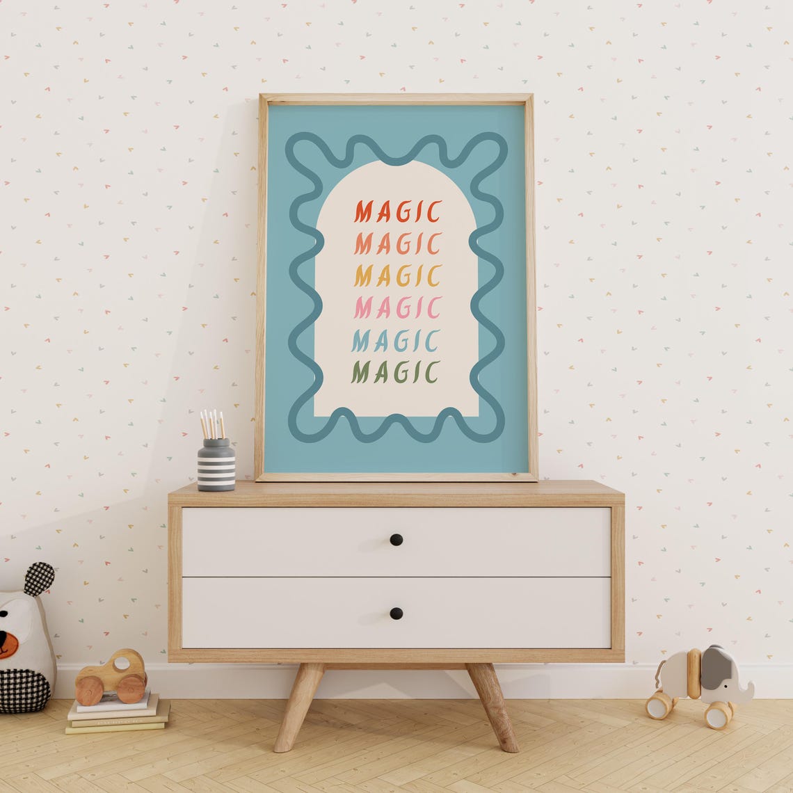 Magic Repeated Rainbow Letters Blue Wavy Frame Kids Room Poster - Image 2