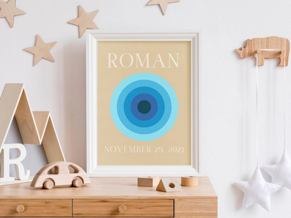 Roman Personalized Name Birthdate Blue Circle Nursery Poster - Image 2