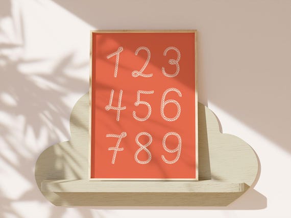 Kids Number Print Whimsical Counting Poster Orange Playroom Decor Cute Cowboy Rope Font Educational Classroom Art Fun Toddler Bedroom