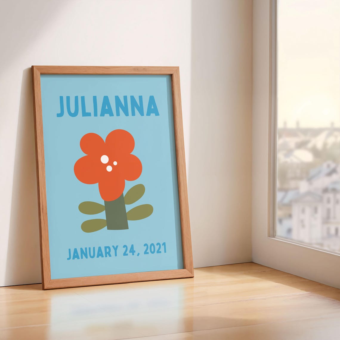 Julianna Personalized Name Birthdate Orange Flower Nursery Poster - Image 3