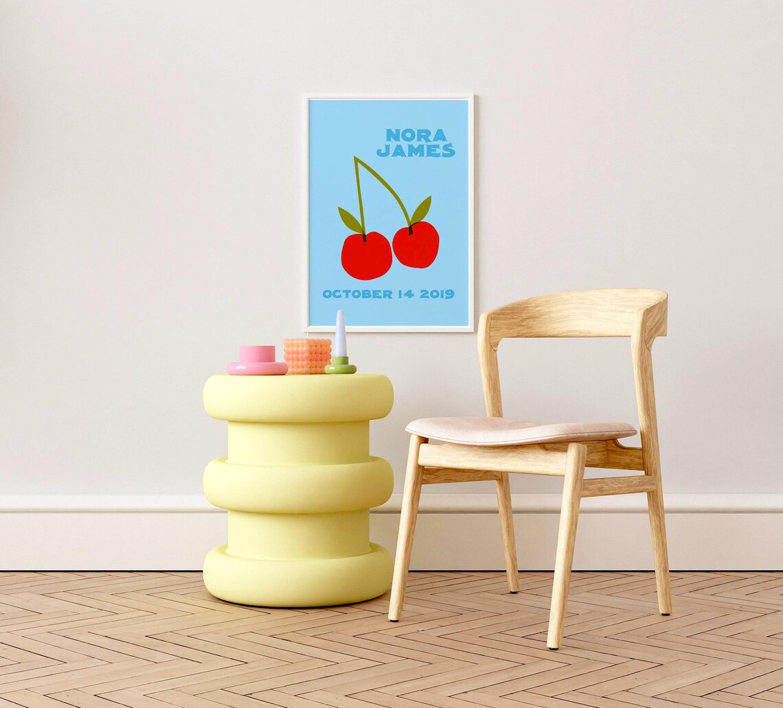 Custom Name Cherries Birthdate Kids Art Print - Image 2
