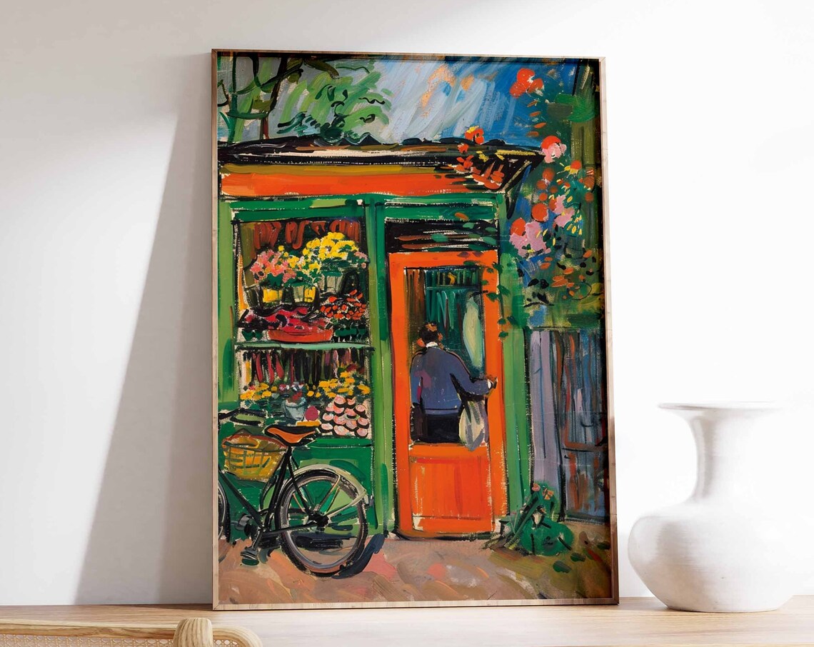 Flower Shop Doorway Bicycle Bouquets Colorful Street Painting Poster