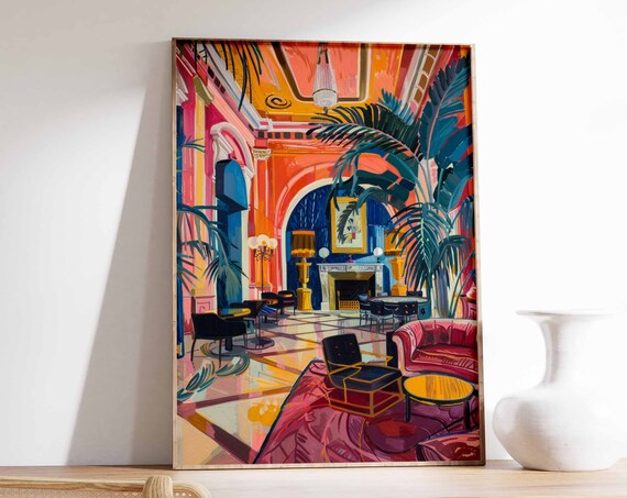Coral Pink Casino Lounge Palms Fireplace Interior Art Poster