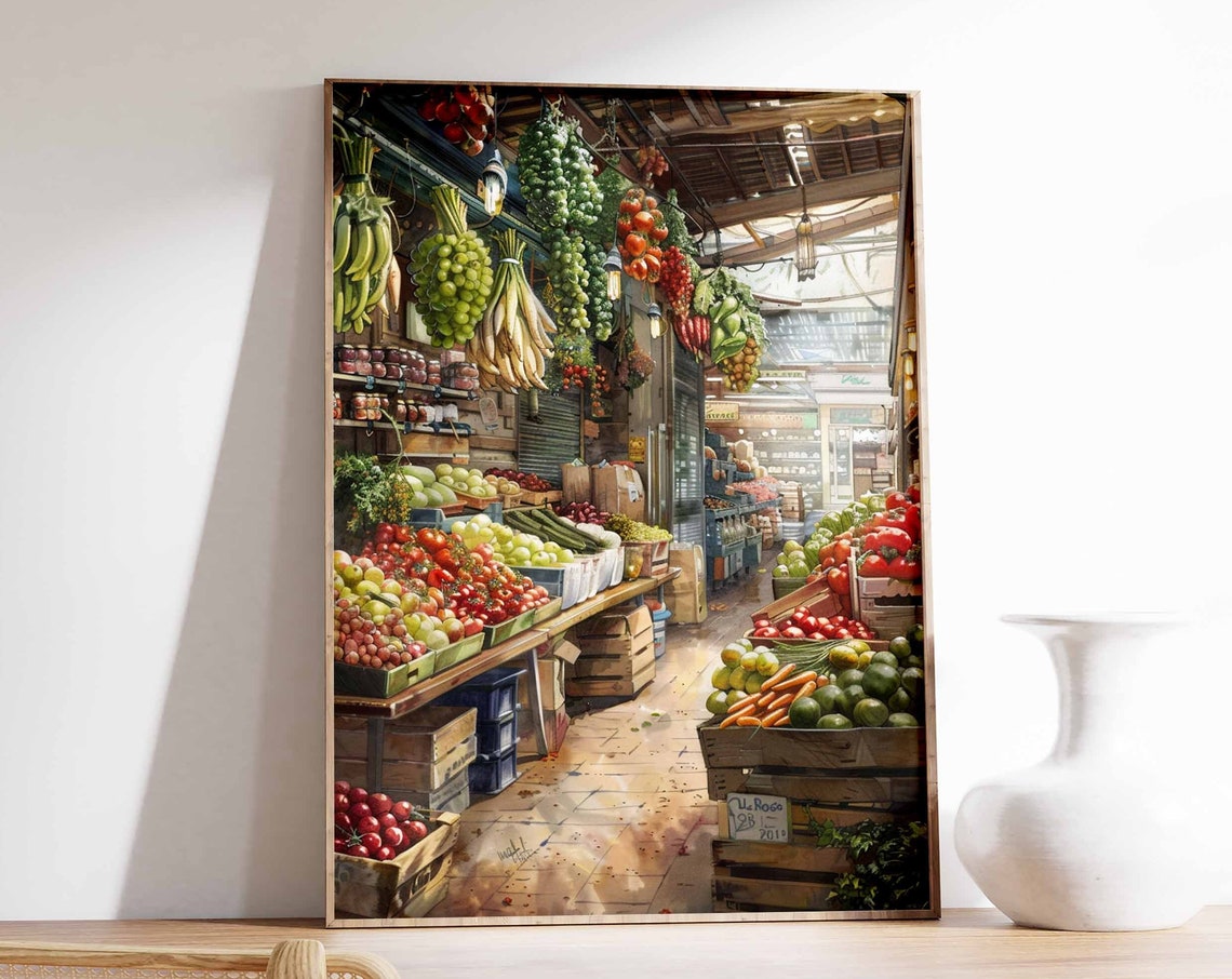 Fruit Market Aisle Hanging Bananas Produce Stand Painting Poster