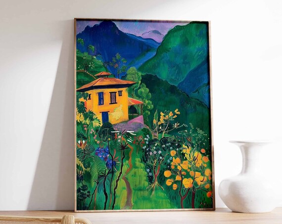 Yellow Mountain House with Flower Garden Deep Blue Peaks Art Poster