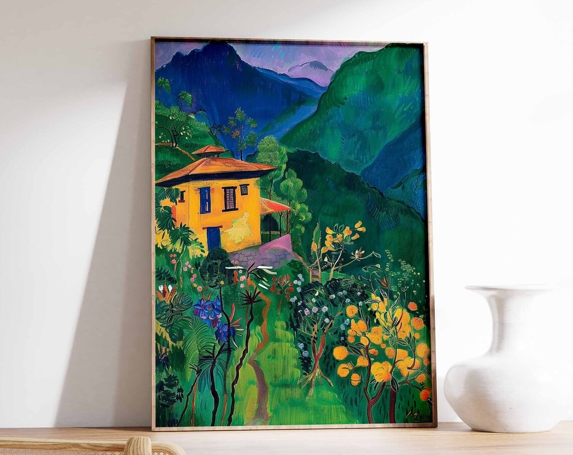 Yellow Mountain House with Flower Garden Deep Blue Peaks Art Poster