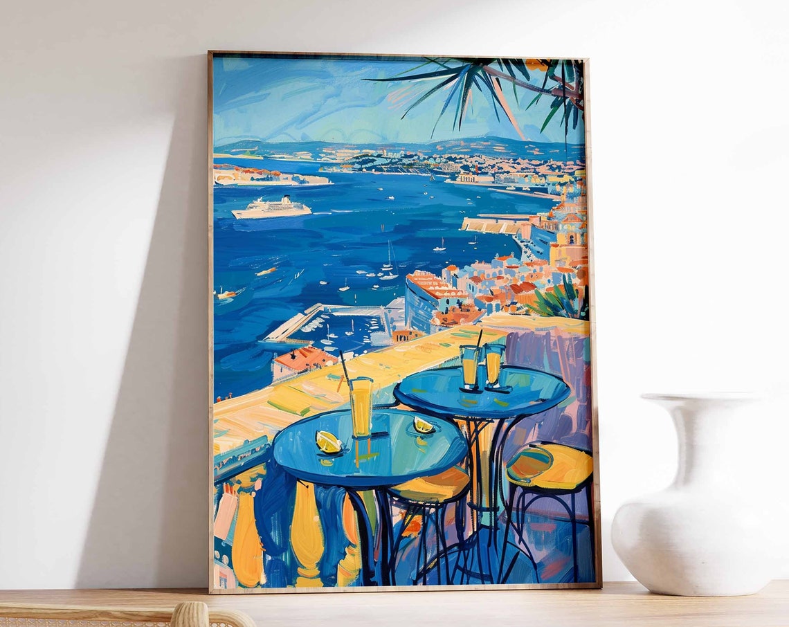 Rooftop Cocktail Bar Seaside Bay View Impressionist City Art Poster