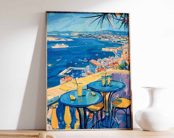 Rooftop Cocktail Bar Seaside Bay View Impressionist City Art Poster
