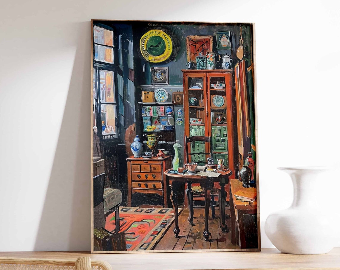 Cozy Antique Store Interior Tea Sets Plates Vintage Curio Shop Poster