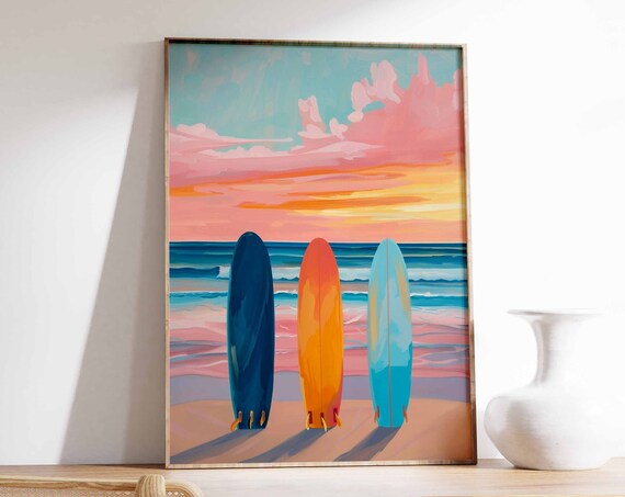Three Surfboards Sunset Beach Ocean Waves Coastal Scene Wall Art