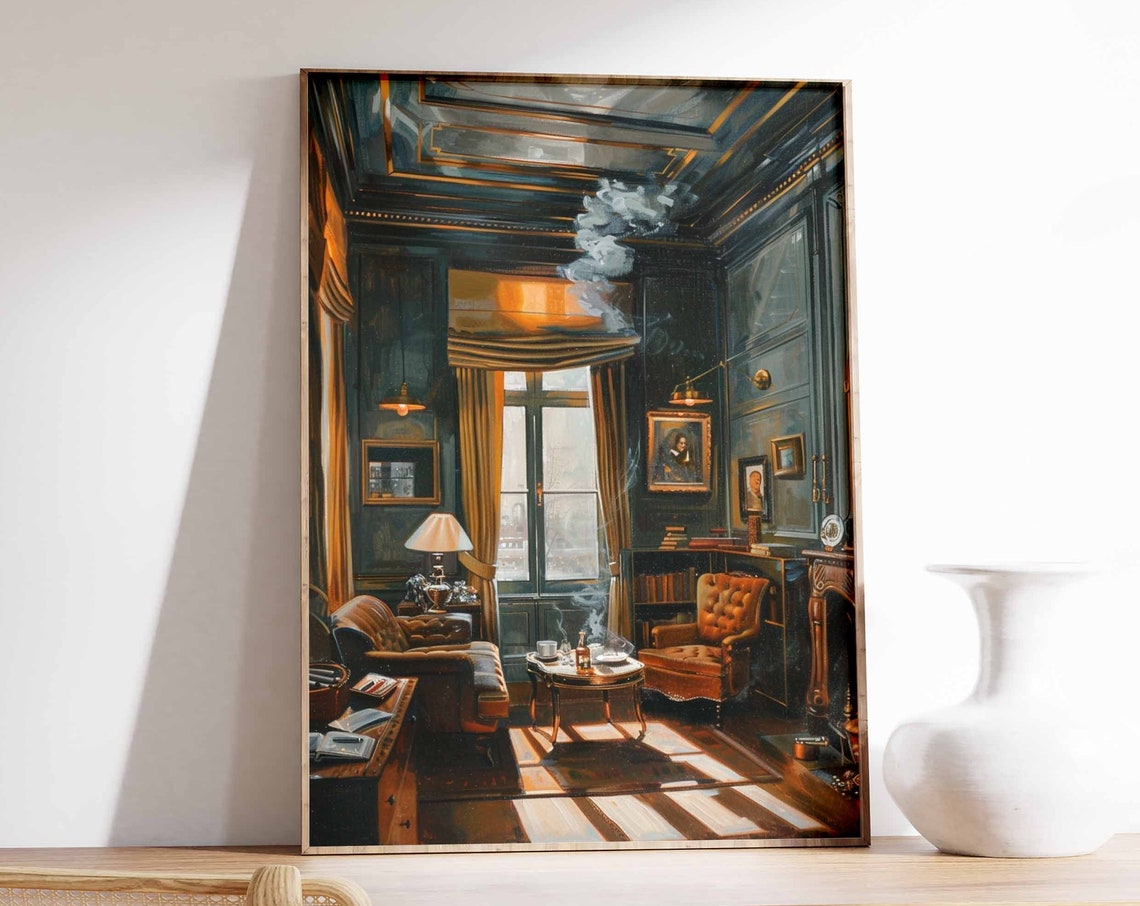 Dark Cigar Lounge Leather Chairs Smoke Moody Interior Art Poster