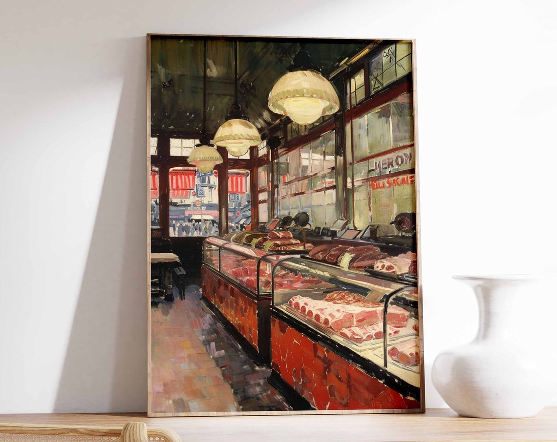 Classic Butcher Shop Interior Pendant Lamps Meat Case Art Print