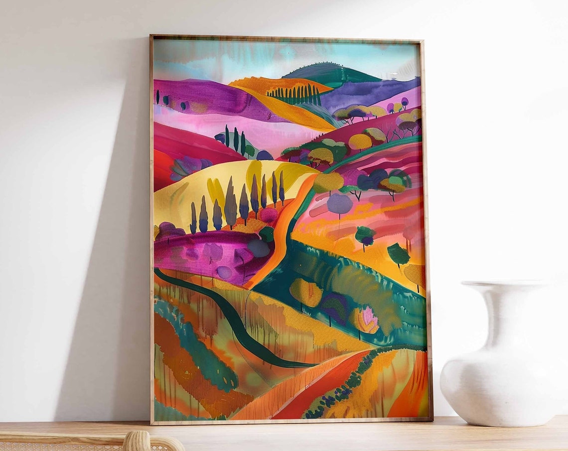 Colorful Valley Winding River Cypress Trees Landscape Art Print
