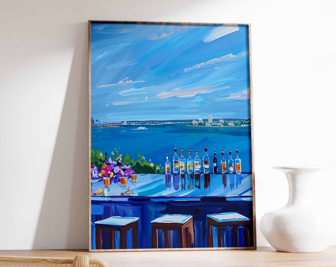 Blue Rooftop Bar Dusk Ocean View Evening Cocktail Bar Scene Poster