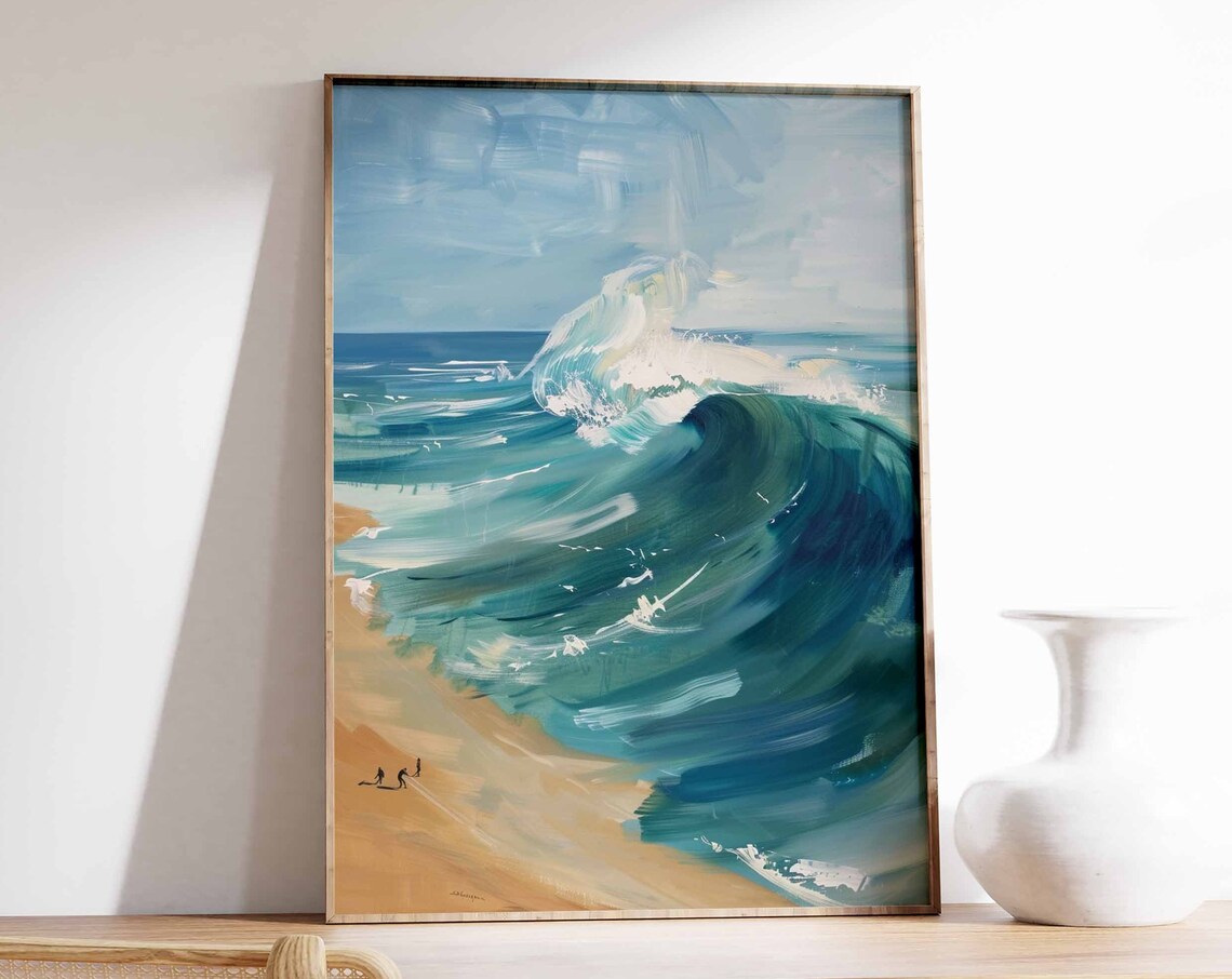 Breaking Ocean Wave Surfers Oil Painting Coastal Art Print Wall Decor