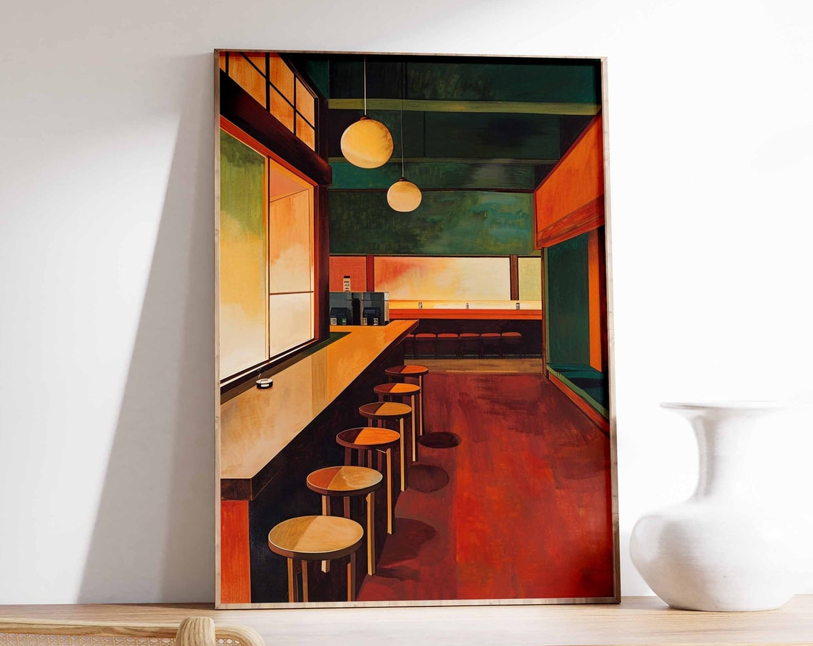 Japanese Sushi Bar Interior Moody Green Red Restaurant Art Poster
