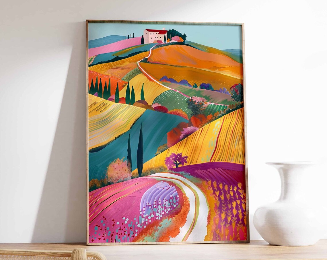 Italian Hilltop Village Valley Cypress Trees Landscape Art Print