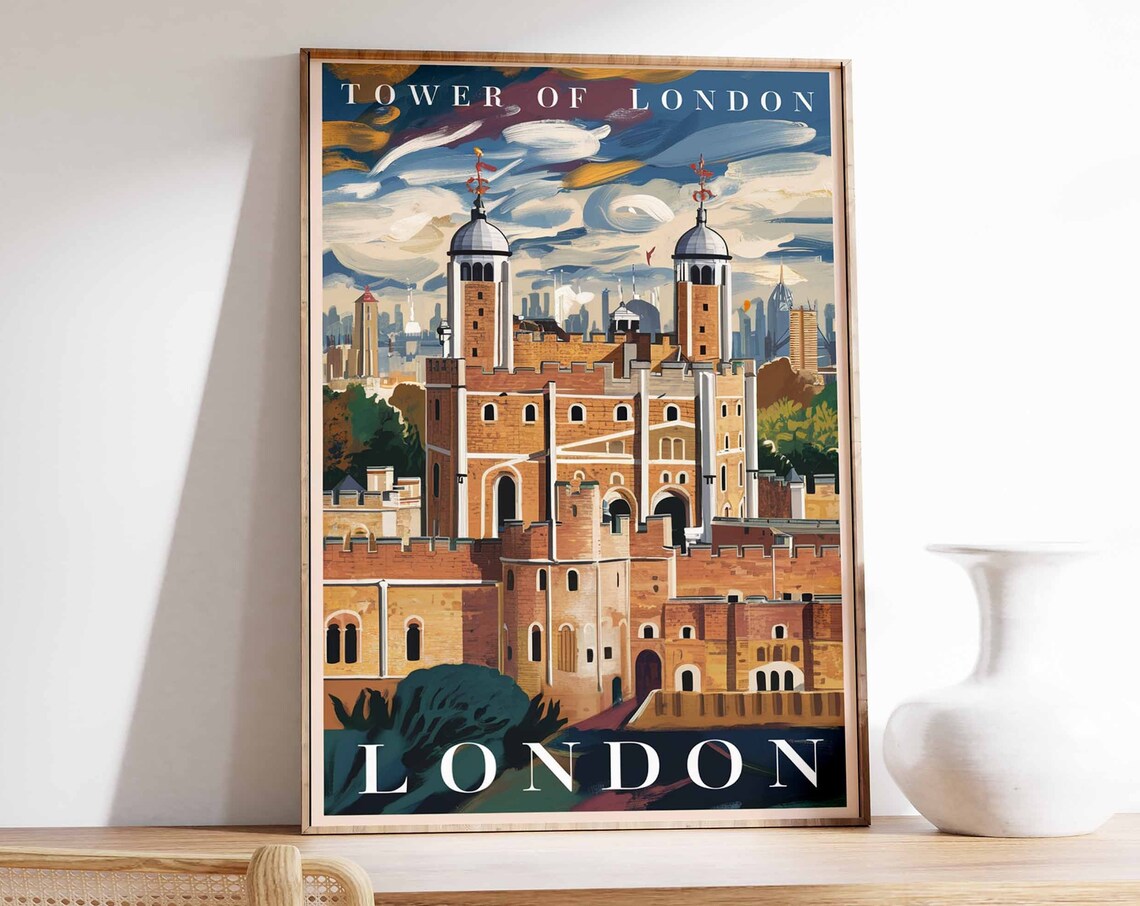 Tower of London Castle Painted Sky Vintage Landmark Travel Poster