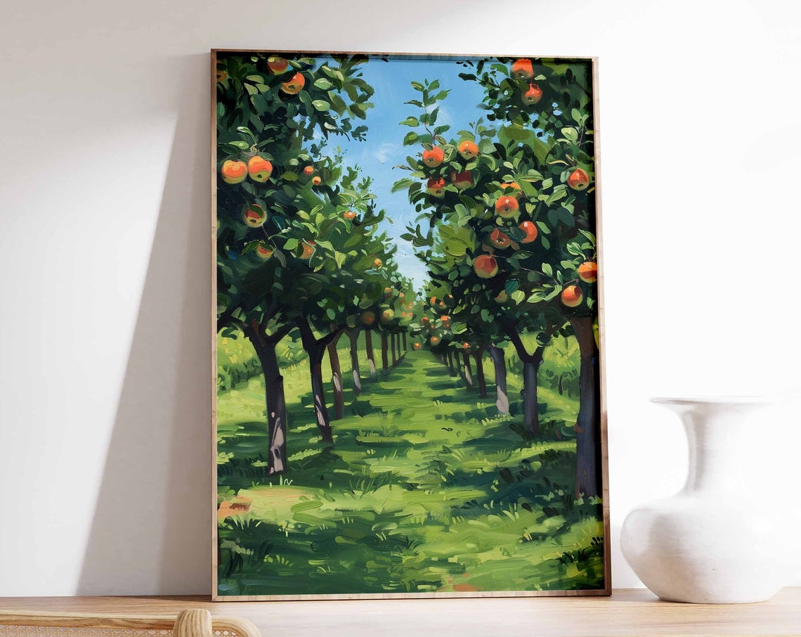 Sunlit Apple Orchard Rows Impressionist Harvest Painting Poster