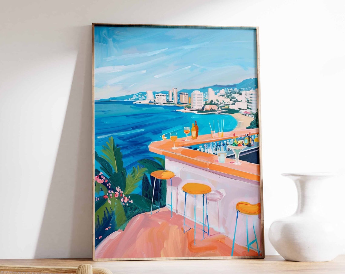 Coastal Rooftop Bar Turquoise Sea City View Bar Decor Poster