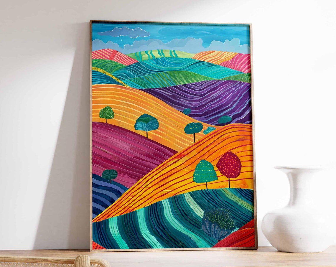 Rainbow Striped Rolling Hills Whimsical Landscape Art Print Wall Decor