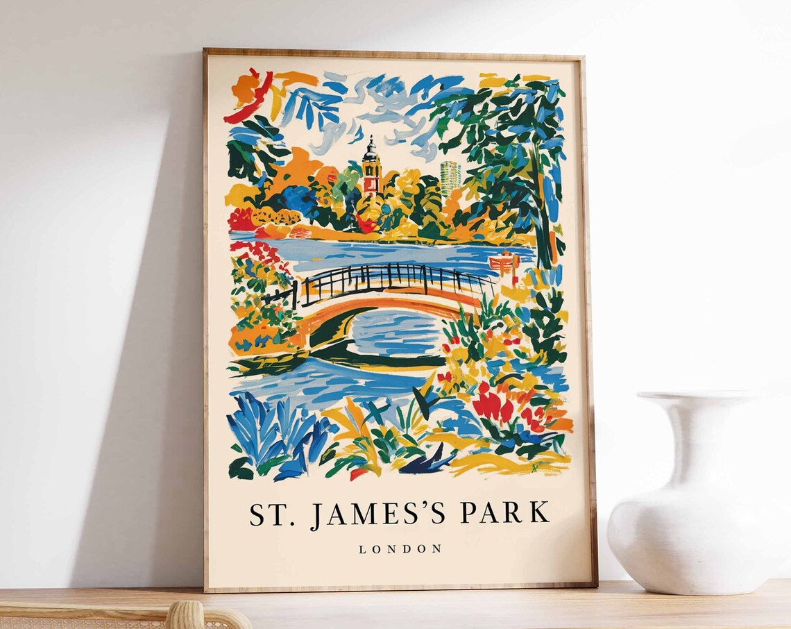 St Jamess Park Bridge Lake London Colorful Park Scene Poster