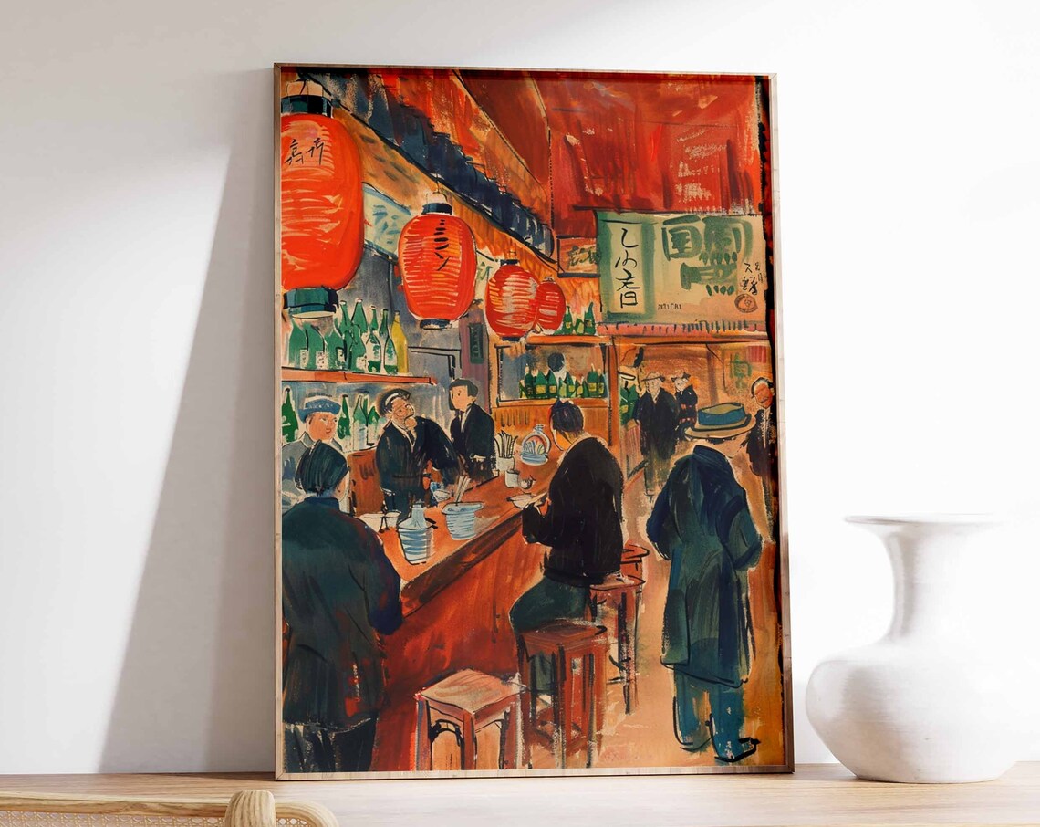 Japanese Bar Red Paper Lanterns Patrons Drinking Expressive Painting Poster