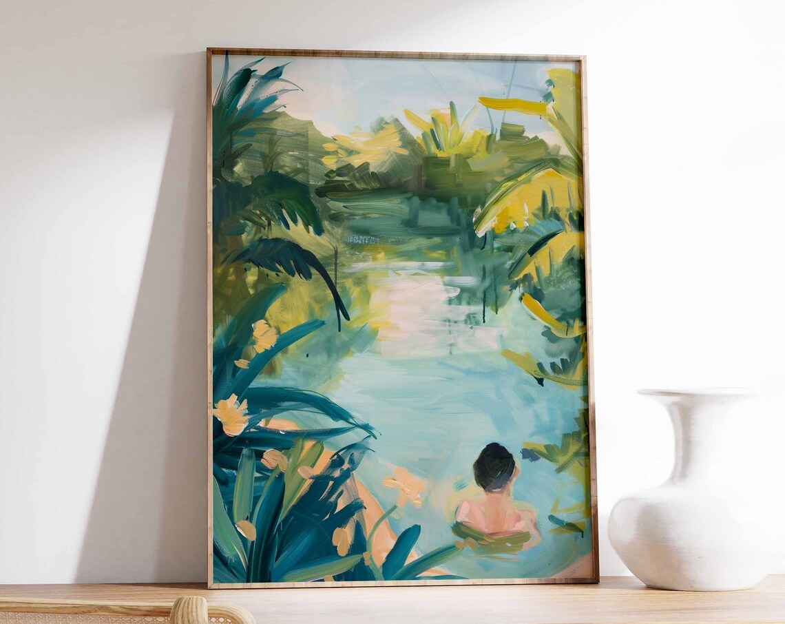 Floating Swimmer in Tropical Lagoon with Palm Trees Art Poster