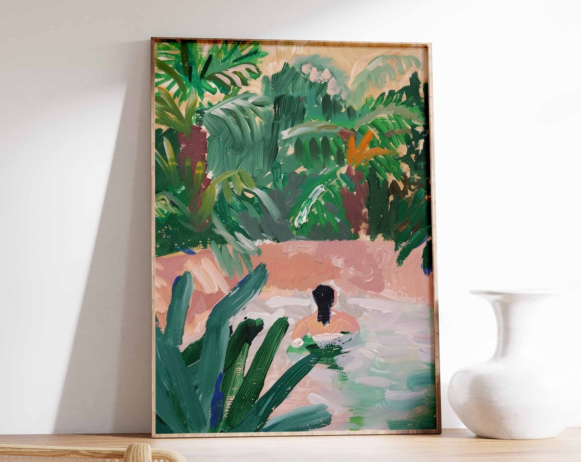 Woman Swimming in a Pink Pond Surrounded by Palm Trees Poster