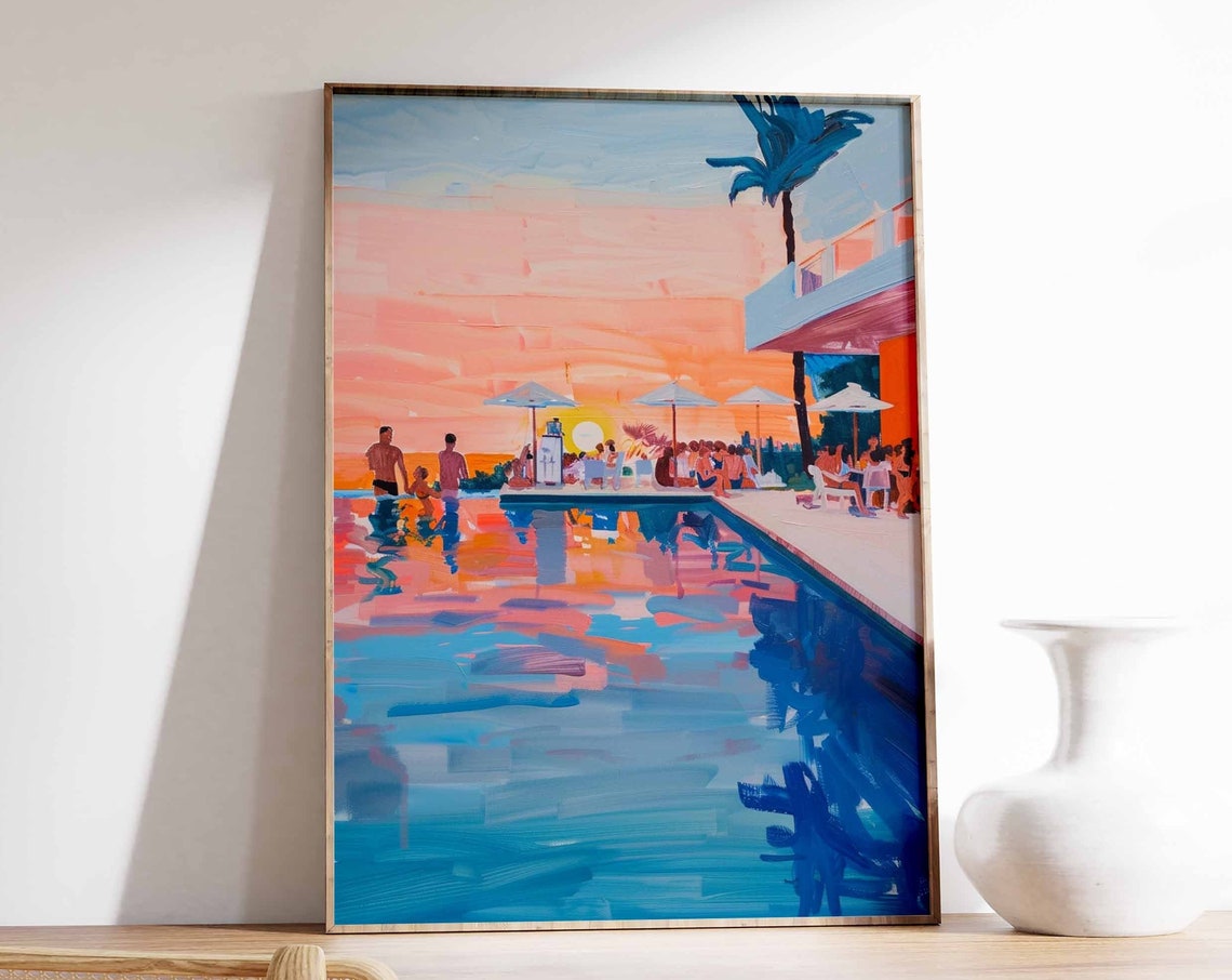 Sunset Poolside Gathering Umbrellas Modern Terrace Art Poster