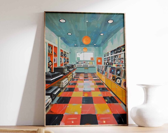 Bright Pop Style Record Store With Checkerboard Floor Poster