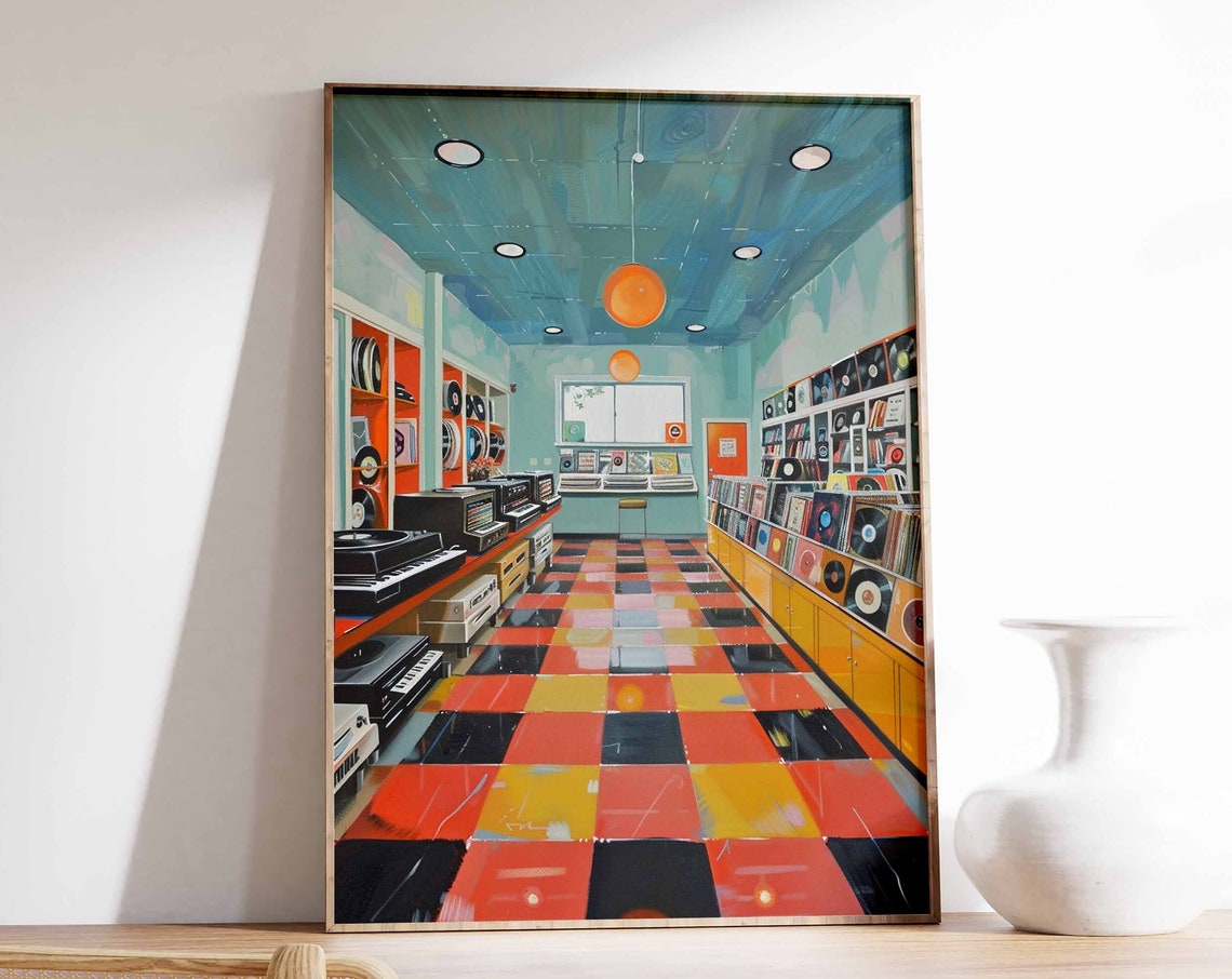 Bright Pop Style Record Store With Checkerboard Floor Poster