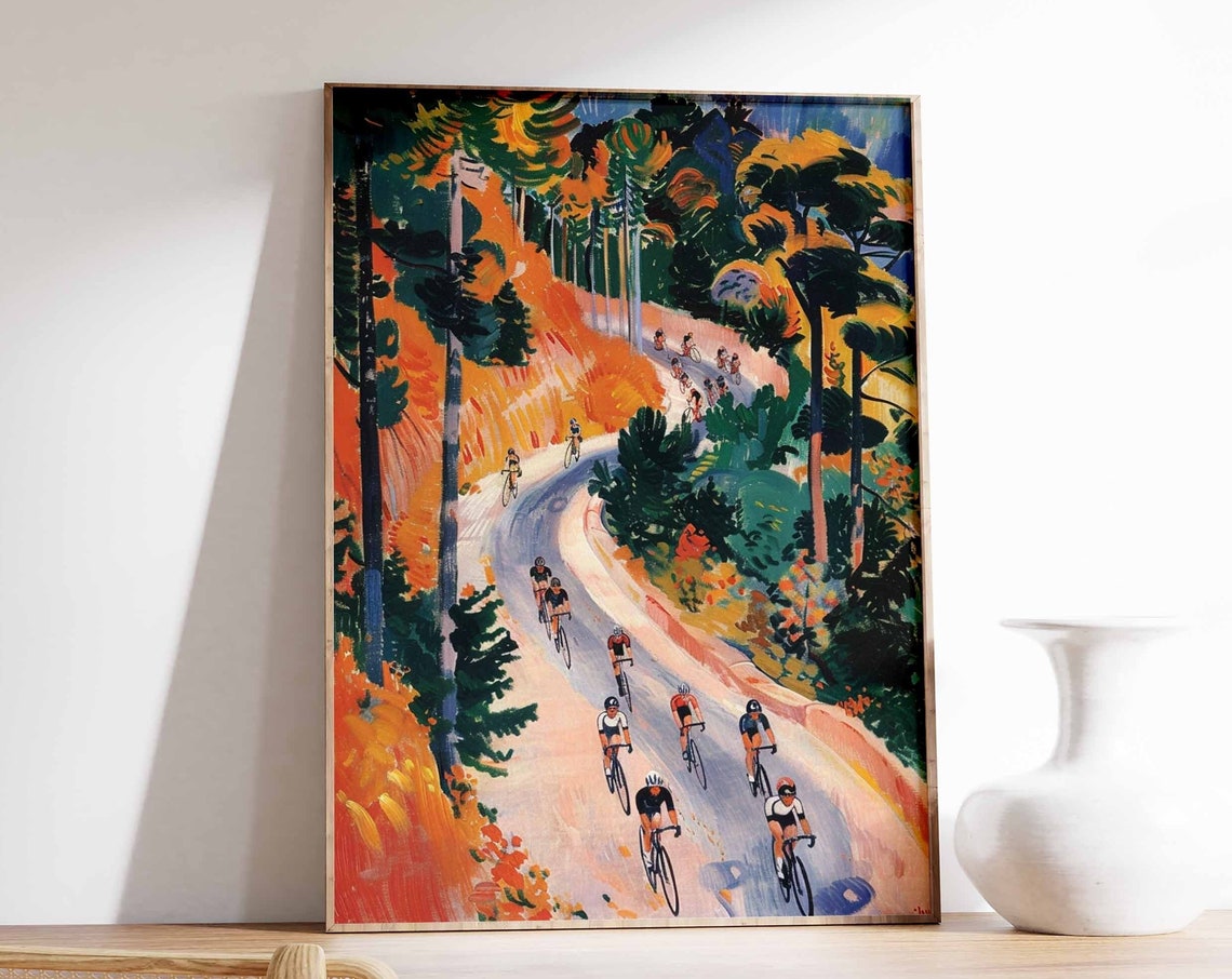 Cycling Peloton Racing Through Fiery Autumn Forest Road Poster