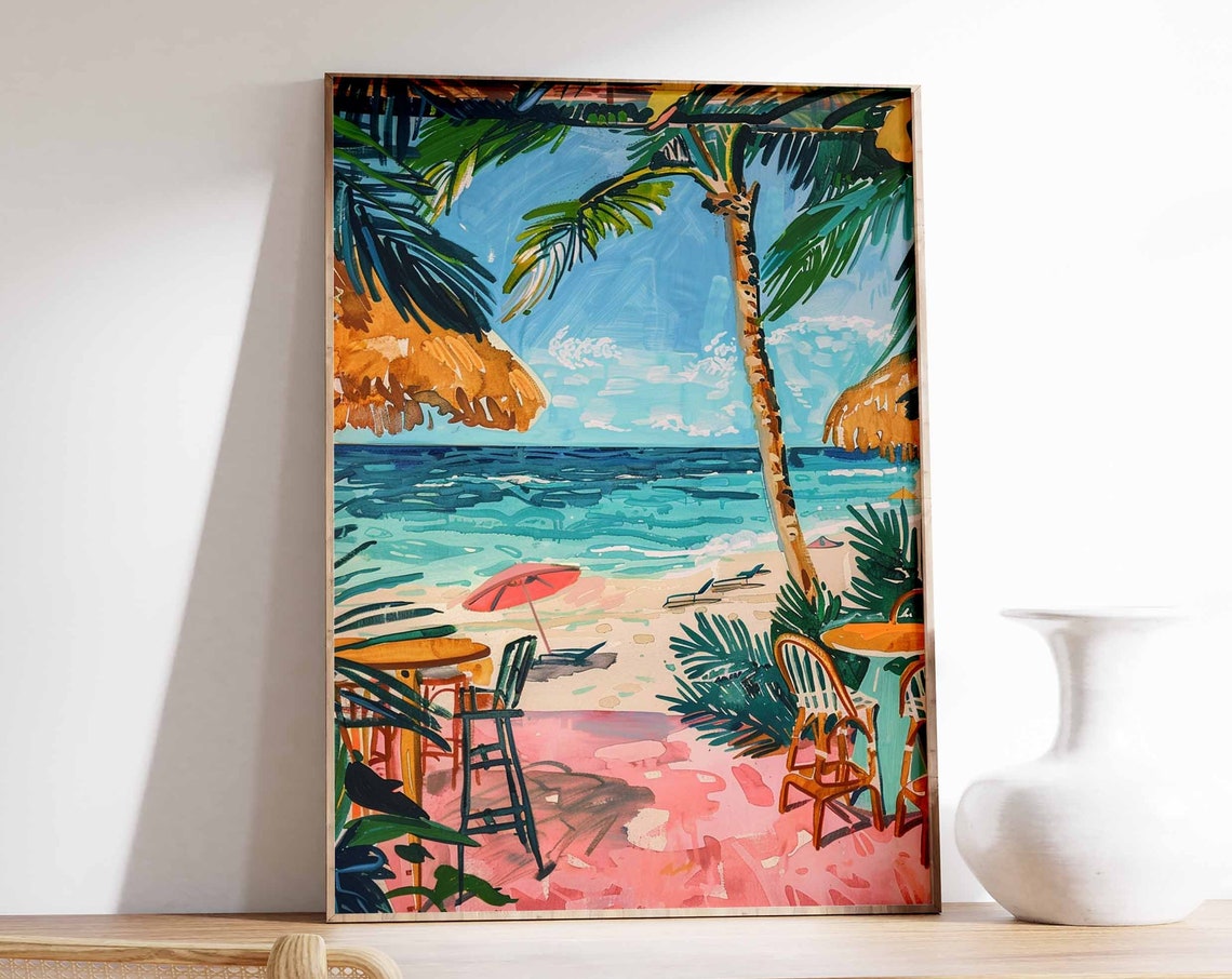 Beach Cafe Tables Under Palm Trees Red Umbrella Ocean Scene Poster
