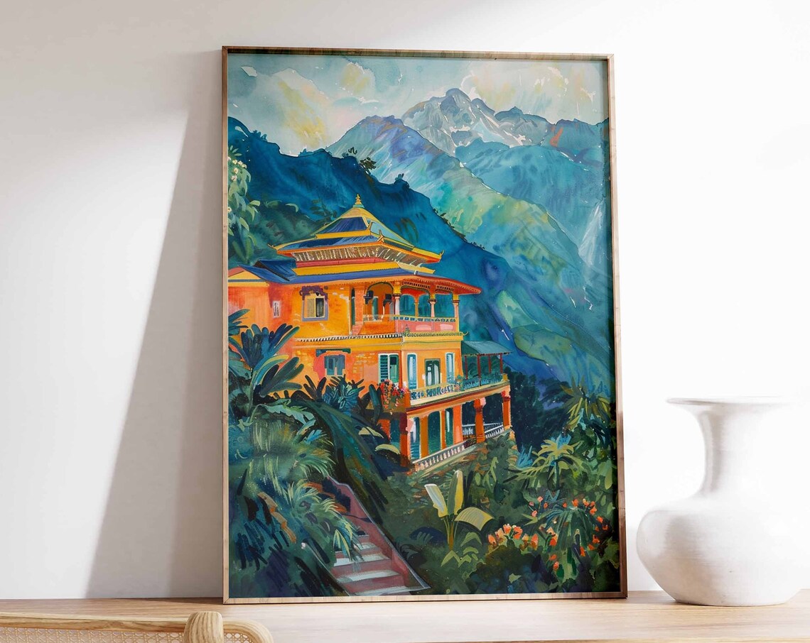 Orange Temple Style Building in Blue Mountains Watercolor Art Poster