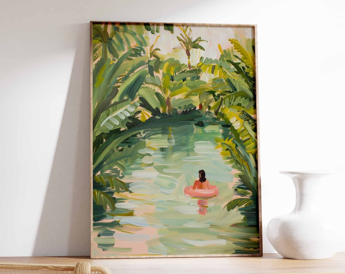 Woman Floating on Pink Ring in Lush Jungle Pool Tropical Poster