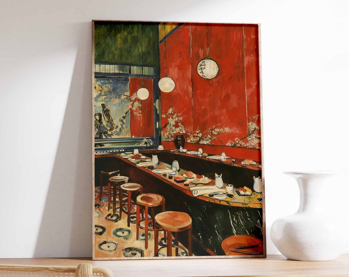 Japanese Sushi Bar Red Wall Paper Lantern Cherry Blossom Art Poster