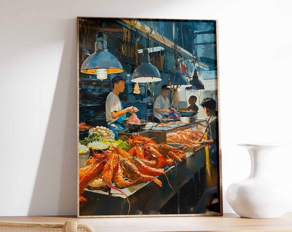 Asian Seafood Market Poster Seafood Print Food Poster Fish Market Print Kitchen Decor Asian Decor Oriental Art Print Seafood Art