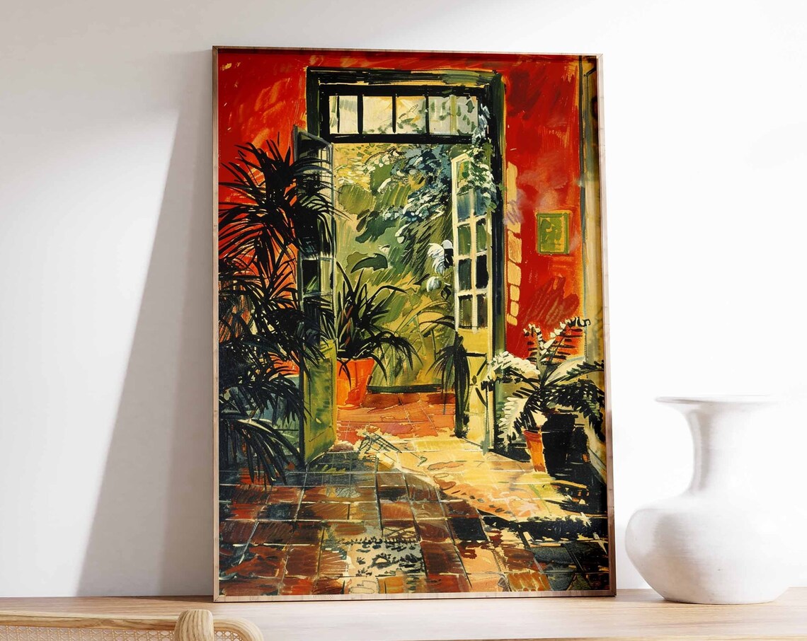 Terracotta Red Doorway Open Tropical Garden Palm Painting Poster