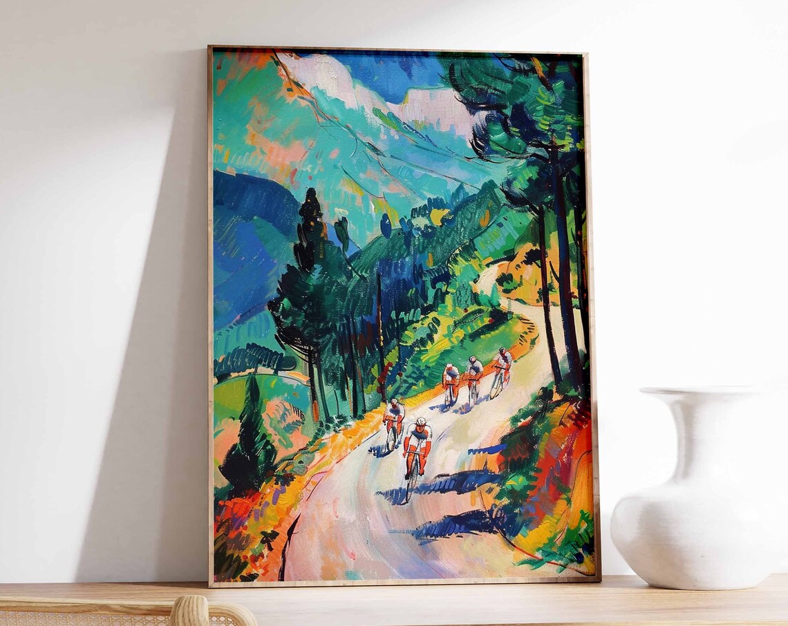 Mountain Road Cyclists Vibrant Cycling Race Sports Art Poster