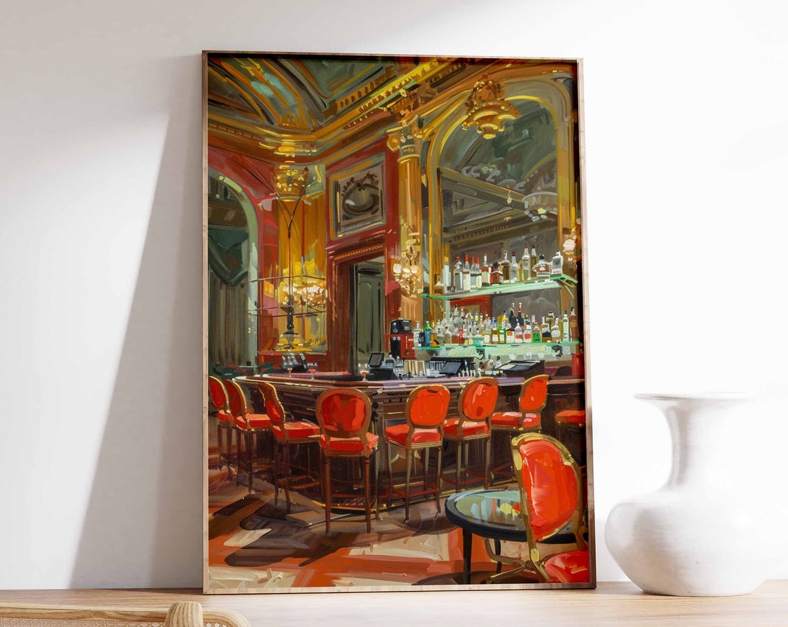 Golden Casino Bar Red Stools Bottles Glam Interior Art Poster