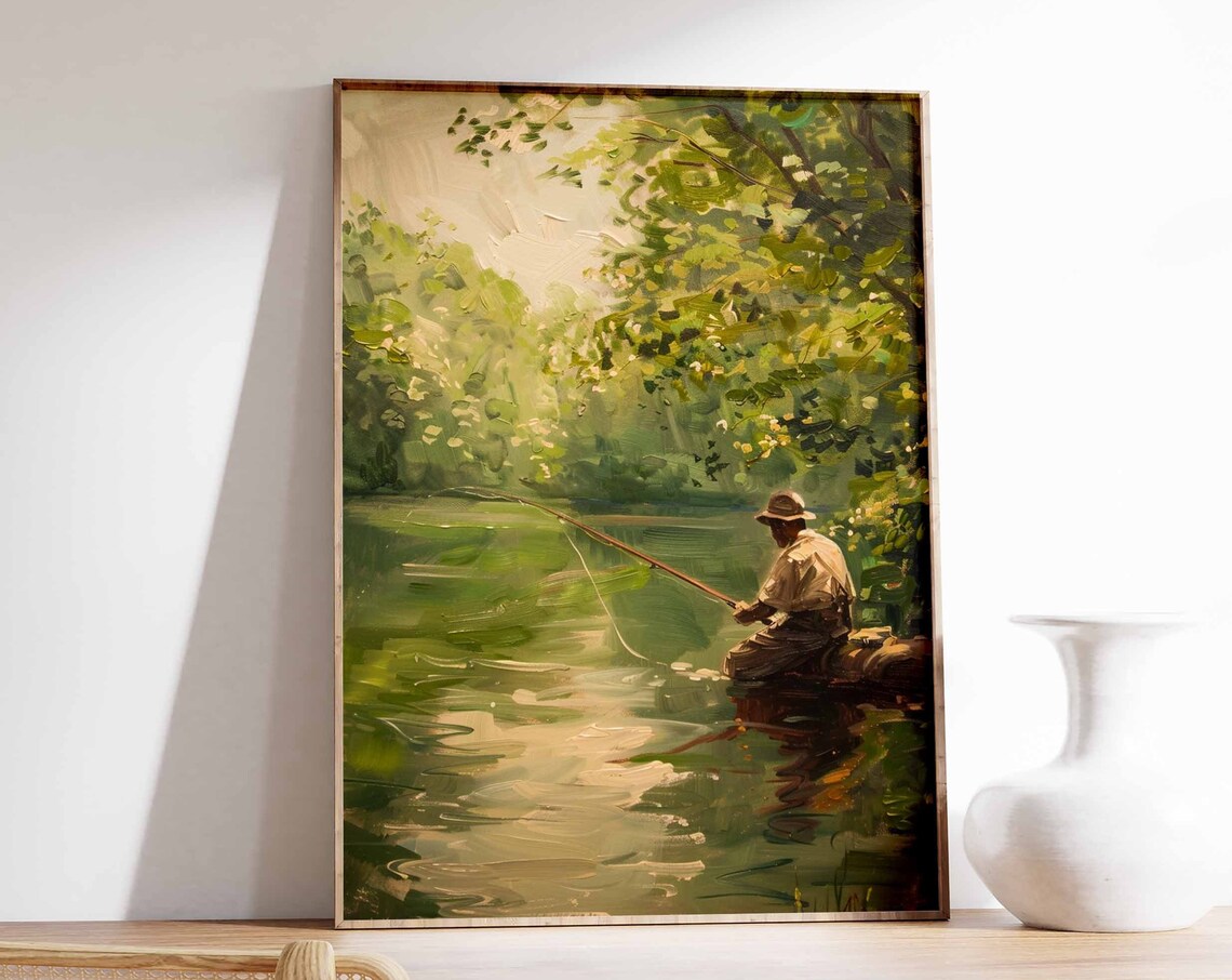 Vintage Oil Painting Man Fly Fishing by Green River Art Poster