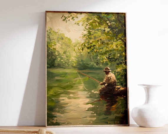 Vintage Oil Painting Man Fly Fishing by Green River Art Poster