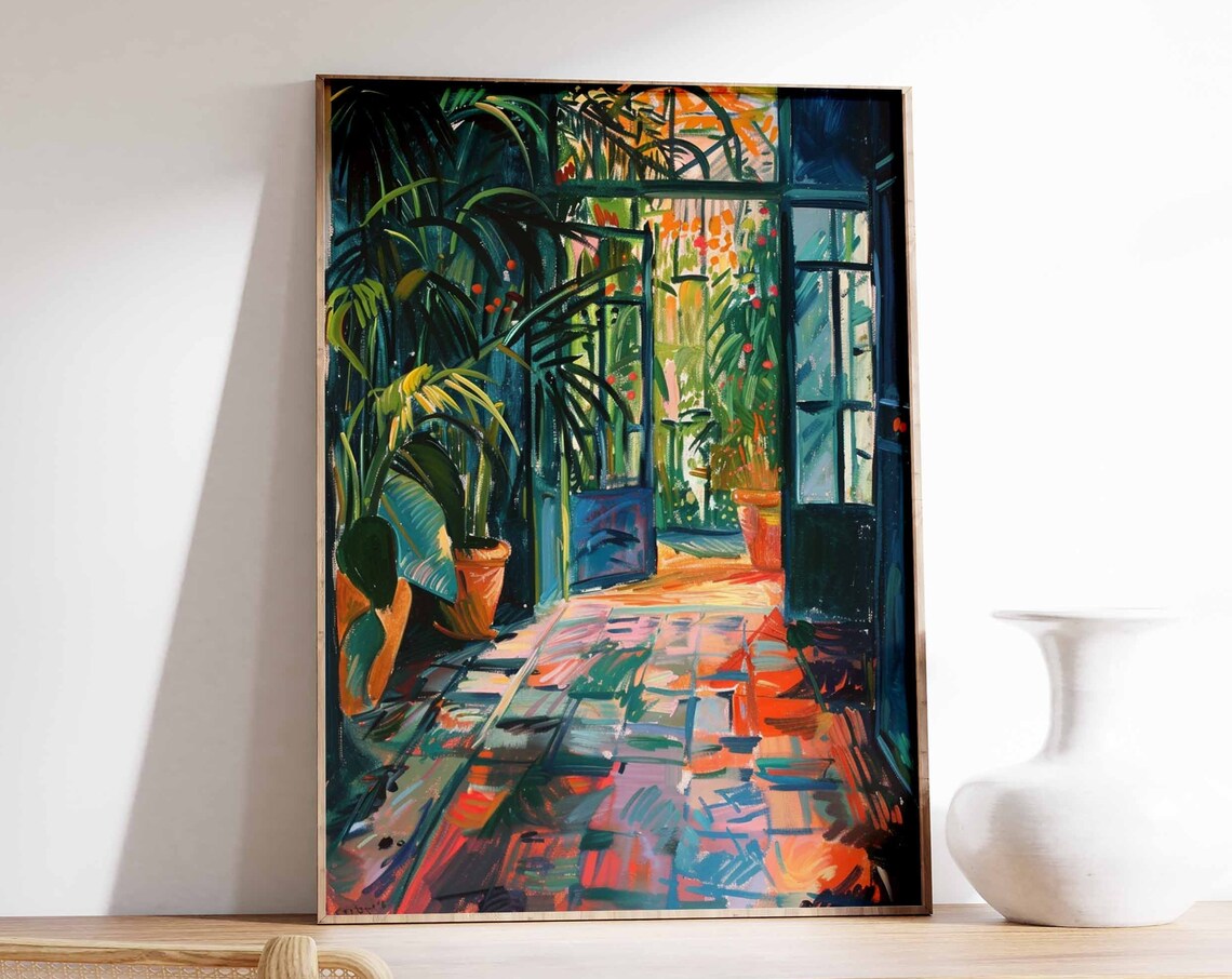 Moody Night Greenhouse Dark Teal Tropical Foliage Painting Poster