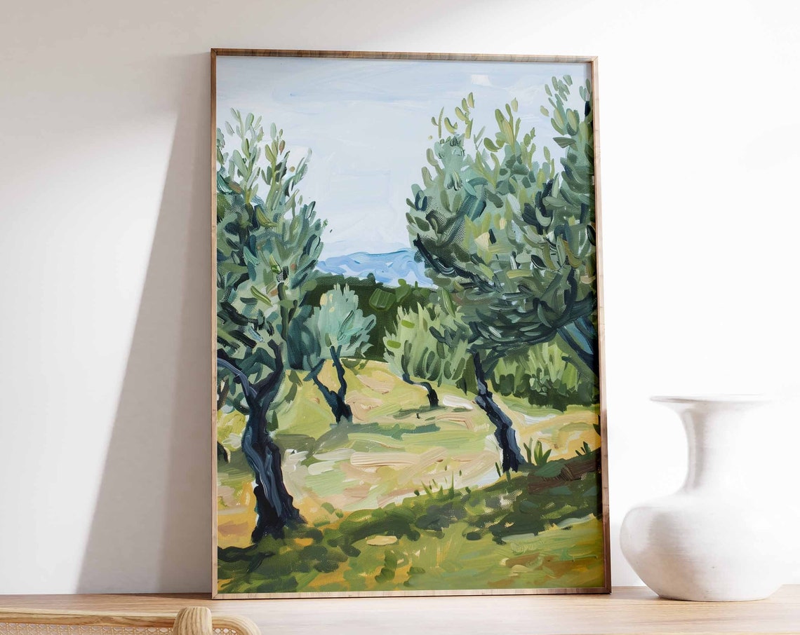 Lush Green Olive Trees Grove Beneath a Pale Summer Sky Poster