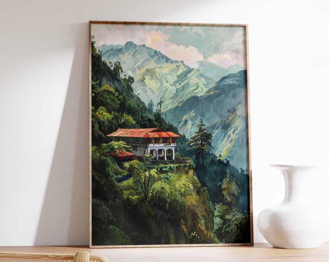 Himalayan Mountain Lodge on Forest Cliff Misty Peaks Landscape Poster